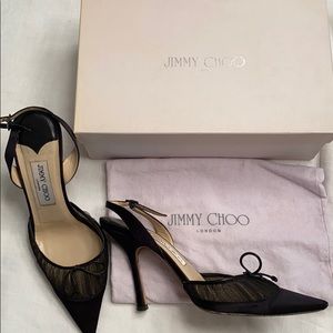 Jimmy Choo black satin and tulle cocktail heels